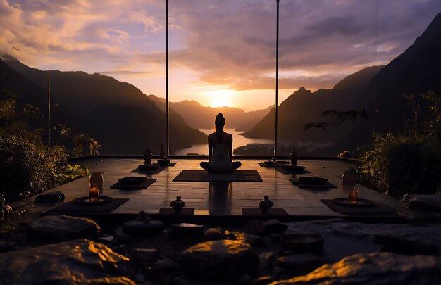 Yoga poses at sunset in the style of traditional Balinese