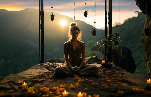 Yoga poses at sunset in the style of traditional Balinese