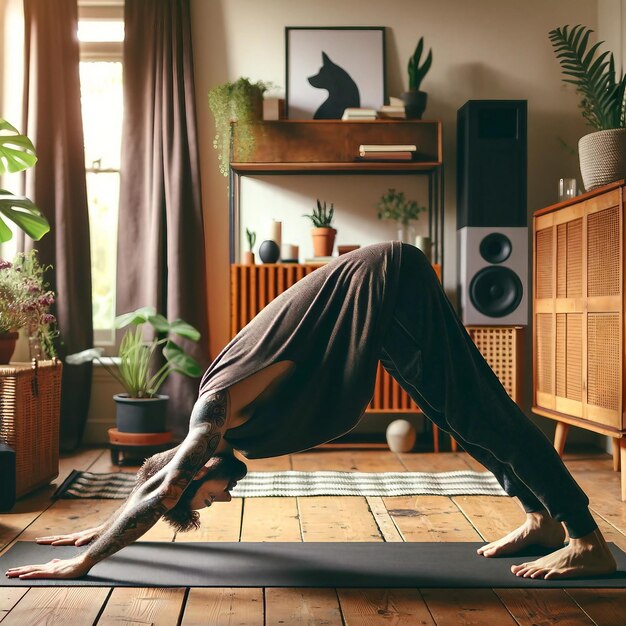 Yoga Practice in Cozy Home Downward Dog Pose