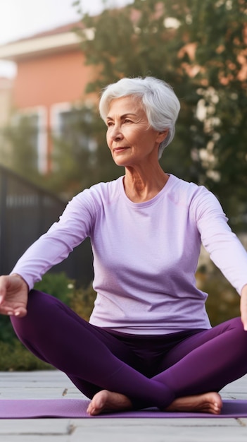 Yoga practice a greyhaired senior lady in sportswear enjoys the calming ambiance of a city park