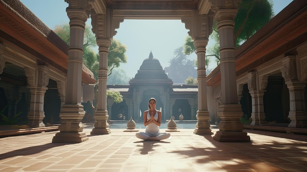 A yoga practicioner in a serene courtyard ultra realistic