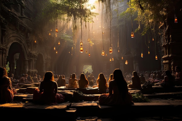 Yoga practitioners in ancient temple to dawn serenity and concentration generative IA