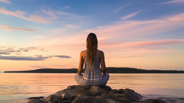 Foto yoga vista posteriore con lo splendido paesaggio