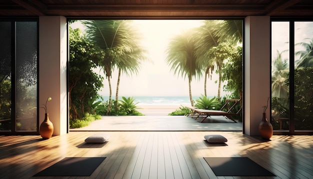 A yoga room with a view of the beach and palm trees.