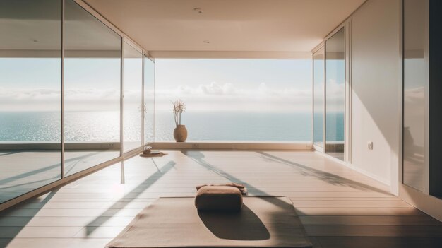 A yoga room with a view of the ocean Generative AI image