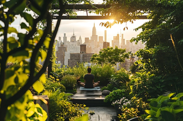 Foto yoga's ochtends in een stads daktuin