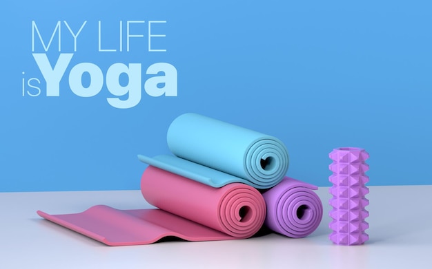 Yoga sport fitness mats yellow color background 3d illustration