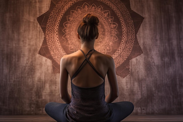 Foto yoga vrouw achteraanzicht lotushouding zittend gegenereerd door ai