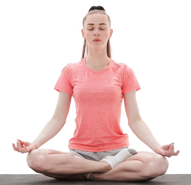 Yoga Woman Meditating and Doing Yoga Against White background