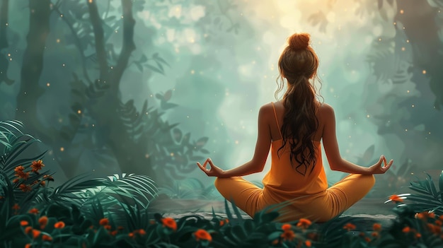 Yoga woman meditating in lotus flower pond vector illustration