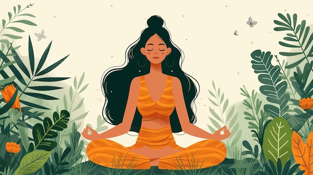 Yoga woman meditating in lotus flower pond vector illustration