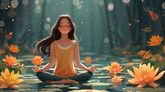 Yoga woman meditating in lotus flower pond vector illustration