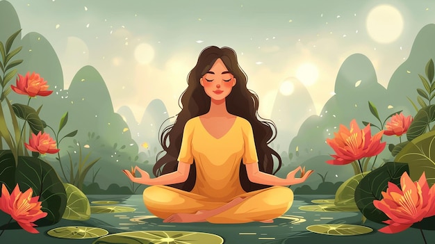 Женщина-йога медитирует в лотосном цветочном пруду векторная иллюстрация