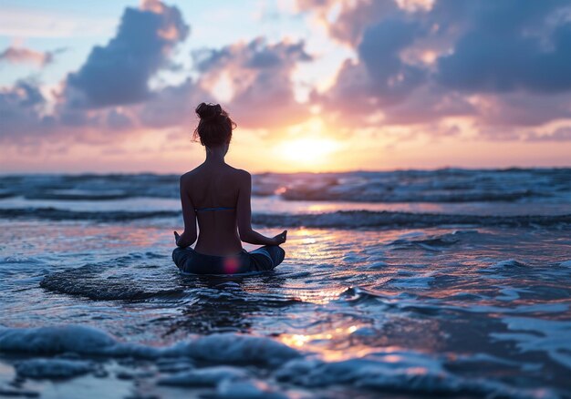 Yogavrouw mediteert op het strand bij zonsondergang Gezonde levensstijl