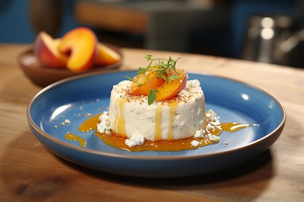 Yoghurt cheesecake with peaches on the blue plate