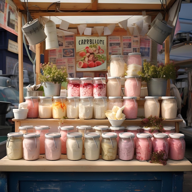 Photo yoghurt farmers market stall ultra realistic photograph