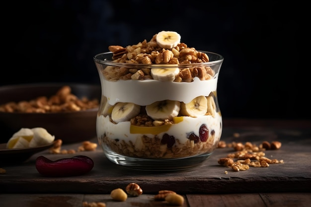 Yoghurt granola parfait met gesneden noten en vers bananenfruit in een glazen pot op donkere achtergrond Generatieve AI