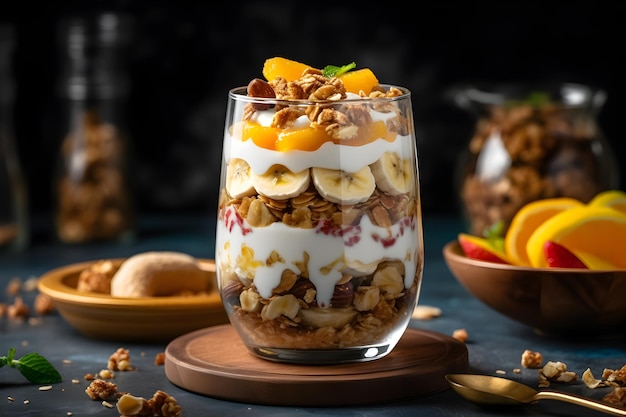 Yoghurt granola parfait met gesneden noten verse mango en bananenvruchten in een glazen pot op donkere achtergrond Generatieve AI