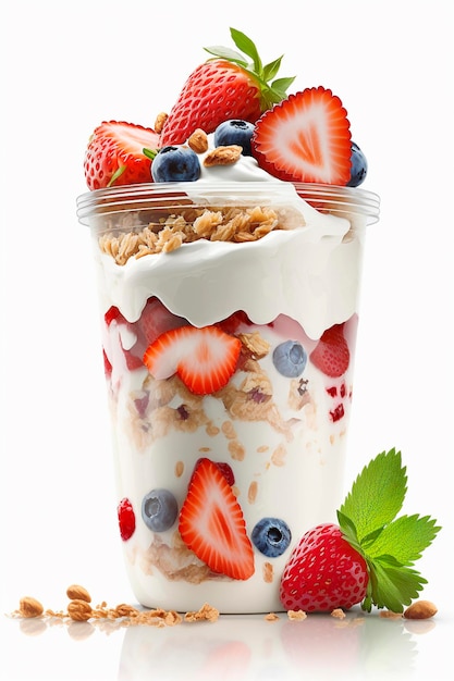 Yoghurt met een mengsel van bessen, aardbeien en muesli isoleren op een witte achtergrond Generatieve AI