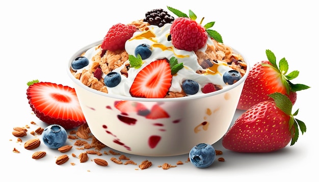 Yoghurt met een mengsel van bessen, aardbeien en muesli isoleren op een witte achtergrond Generatieve AI