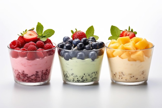 Yoghurt met fruit in glazen bekers op witte achtergrond