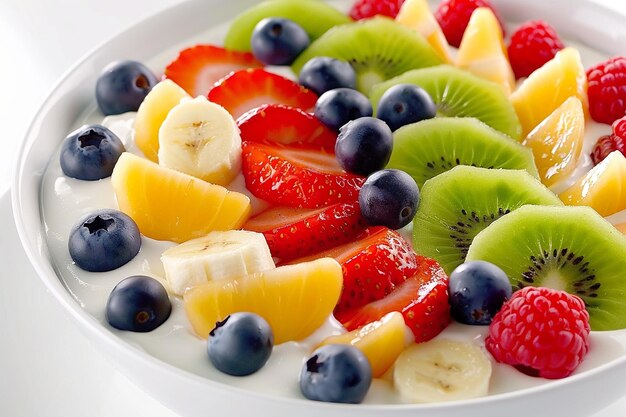 Yoghurt met levendige gemengde fruit toppings in een schaal