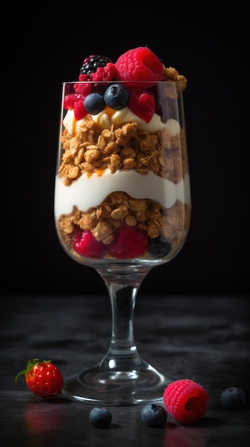 Yoghurt parfait dessert with fruits and muesli crunch on a black background Generative AI