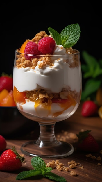 Yoghurt parfait dessert with fruits and muesli crunch on a black background Generative AI