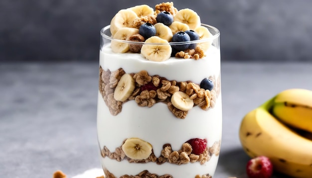 Yoghurt parfait met granen, bananen en esdoornstroop