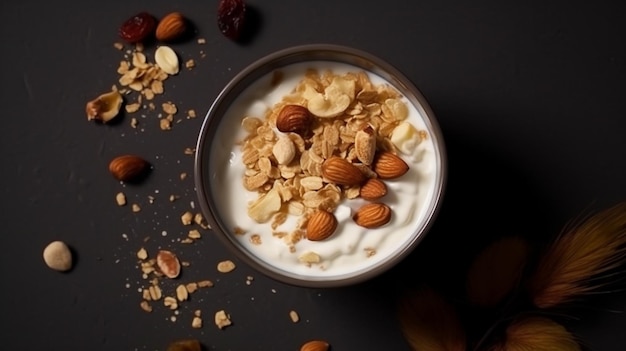 Yoghurt served with oats and dried nuts on brown background