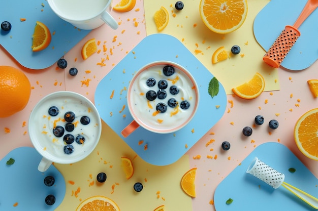 Yoghurt with milk and blueberries and oranges and orange grater