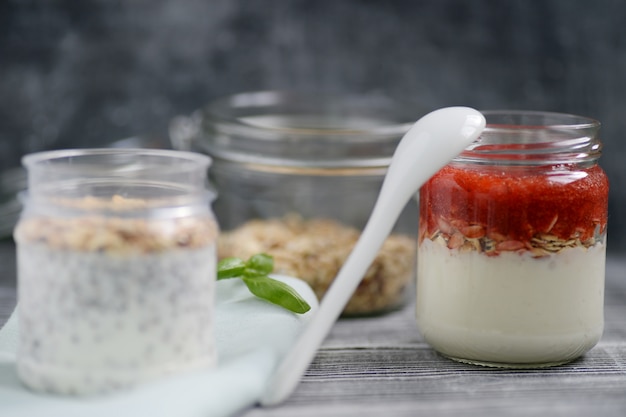 Yoghurt with nuts, seeds and jam