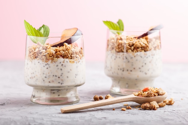 Yoghurt with plum, chia seeds and granola in a glass and wooden spoon. side view.