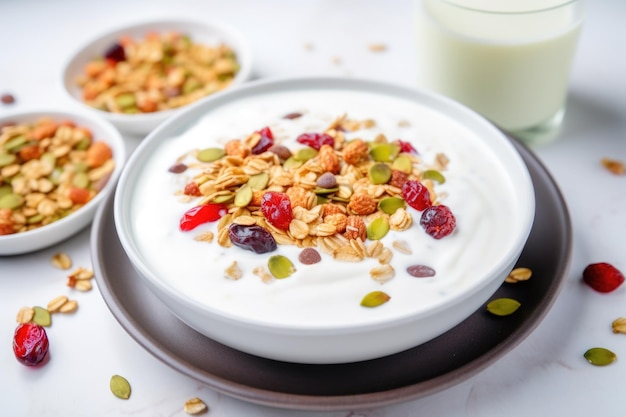 Yoghurtmix met muesli verspreid op een platte witte schaal