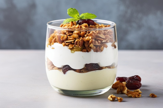 Yoghurtparfait met amandelgranola op beton