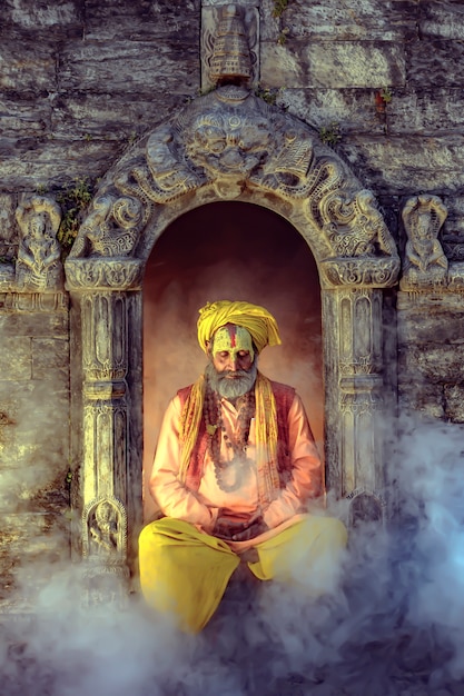  The yogi is meditating peacefully at pashupatinath Temple, Kathmandu, Nepal. 