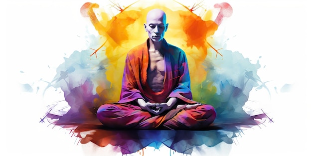 Yogi monnik mediteert met de benen gekruist geconcentreerd in waterverf stijl