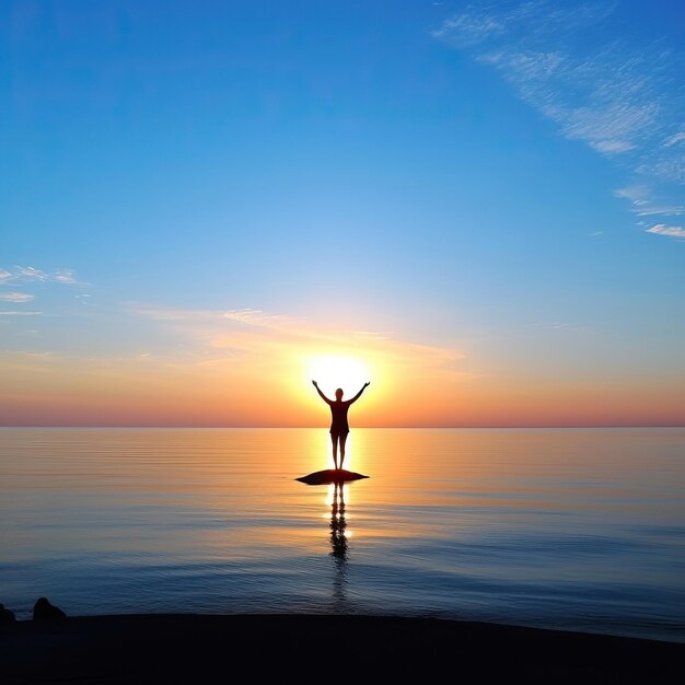 Photo a yogic in vrksasana complete sky blue color ocean on the b white background white background hd pho