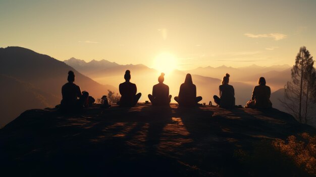 Йоги участвуют в сеансе осознанной медитации, углубляя свою связь с природой в спокойной горной среде.