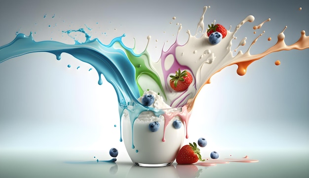 Yogurt ad healthy yogurt with splashing milk generative ai