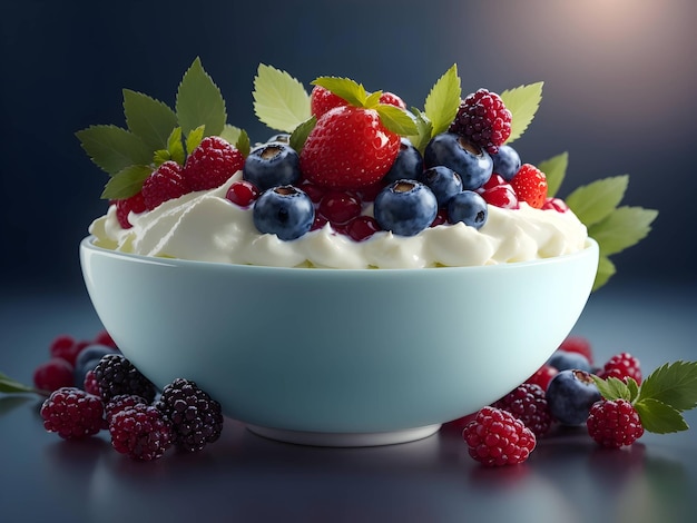 йогурт и ягоды на тарелке