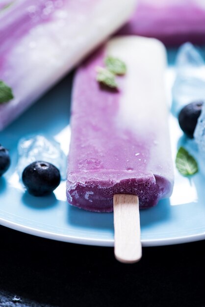 Yogurt and blueberry popsicle on plate