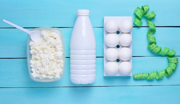 Yogurt bottle, cottage cheese, eggs and meter