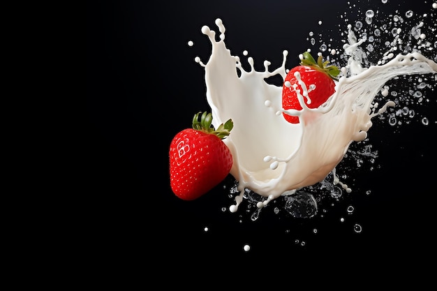 Yogurt bottle with strawberries and milk splash