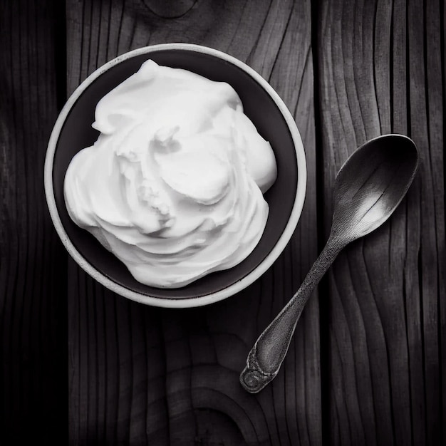 Yogurt in bowl on aesthetic table top view