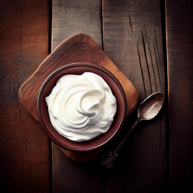 Yogurt in bowl on aesthetic table top view