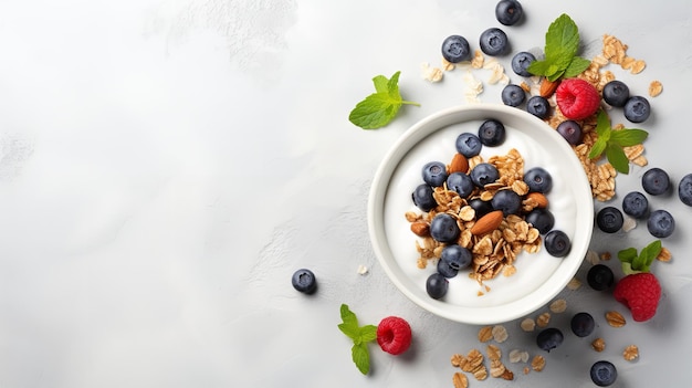 Yogurt bowl for breakfast featuring granola berries and fruits against a gray backdrop space Generative AI