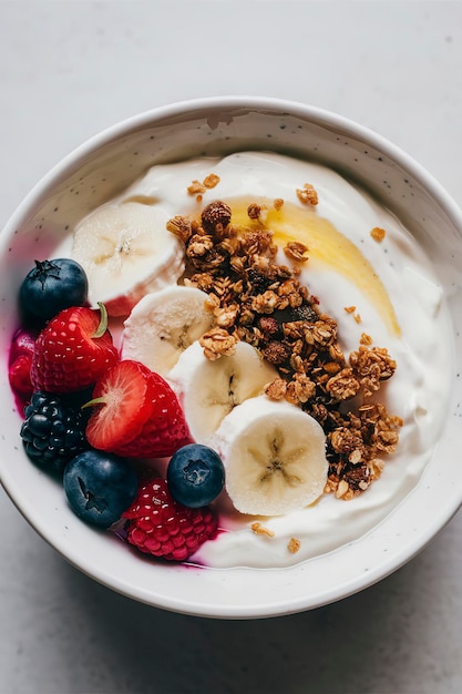 Yogurt bowl with banana granola and fresh berries
