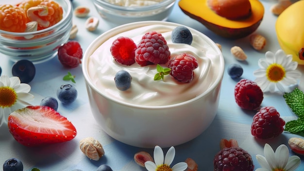 Yogurt Bowl with Berries and Nuts on Pastel Background