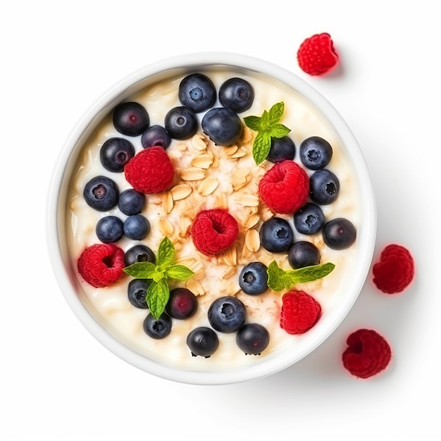 Yogurt bowl with berries top view on isolated white background